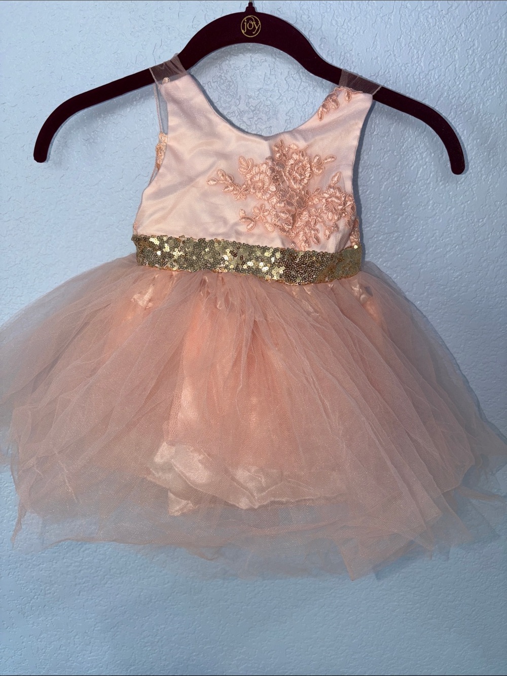 2T Peach Satin & Tulle With Gold Sequined Waist And Gold Bow Dress by Milediiy